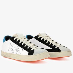 - P448 Mne's Sneakers John Lotus white, black, orange and blue New in box